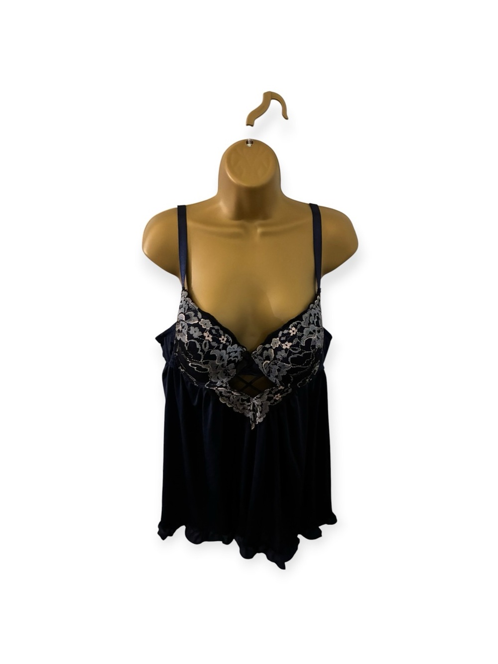 Pure Beauty by René Rofé Floral Lace Babydoll Chemise Padded Cups Navy 1X